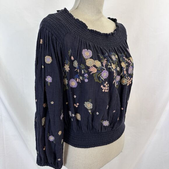 FREE PEOPLE SAACHI SMOCK Off the Shoulder EMBROIDERED FLORAL TOP Size M Boho - Picture 5 of 9